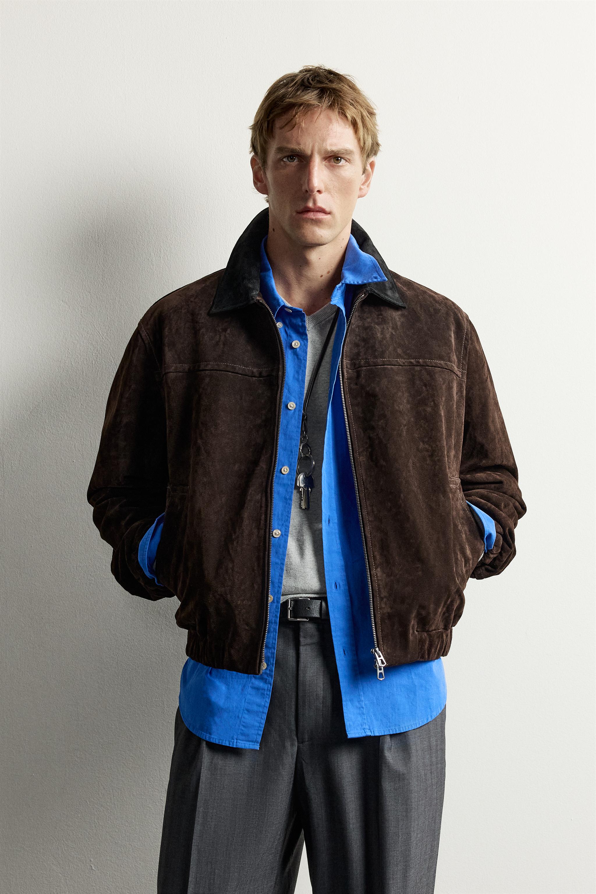 BLOUSON EN CUIR ET DAIM À COL CONTRASTE